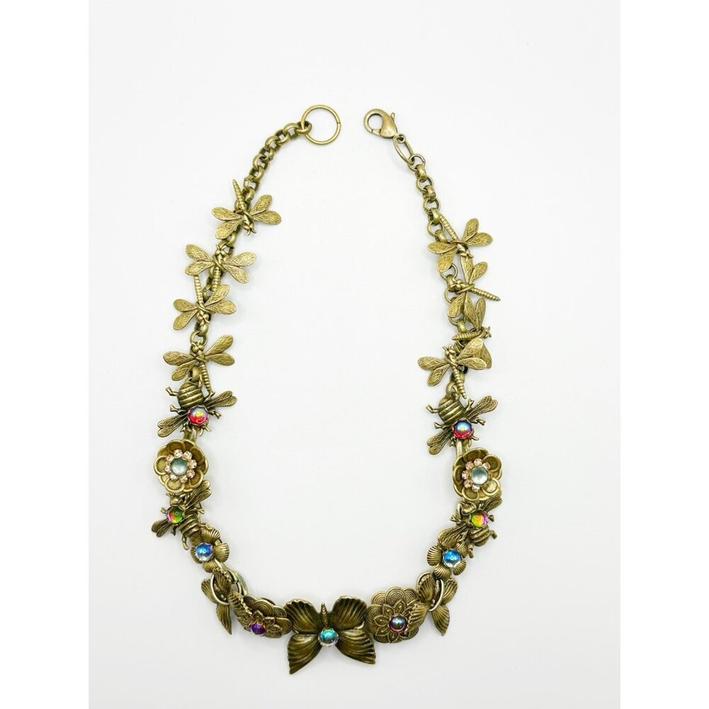 Butterfly, Bees, Dragonflies Floral Goldtone Jeweled Choker Necklace 15.5” - Picture 5 of 8